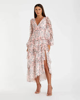 Pink Puff Sleeve Floral Printed Dress
